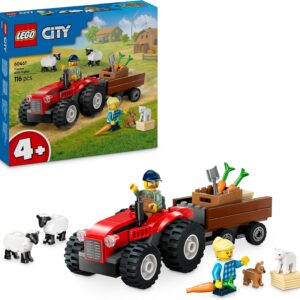 Trattore agricolo rosso con rimorchio e pecore - LEGO - immagine 1